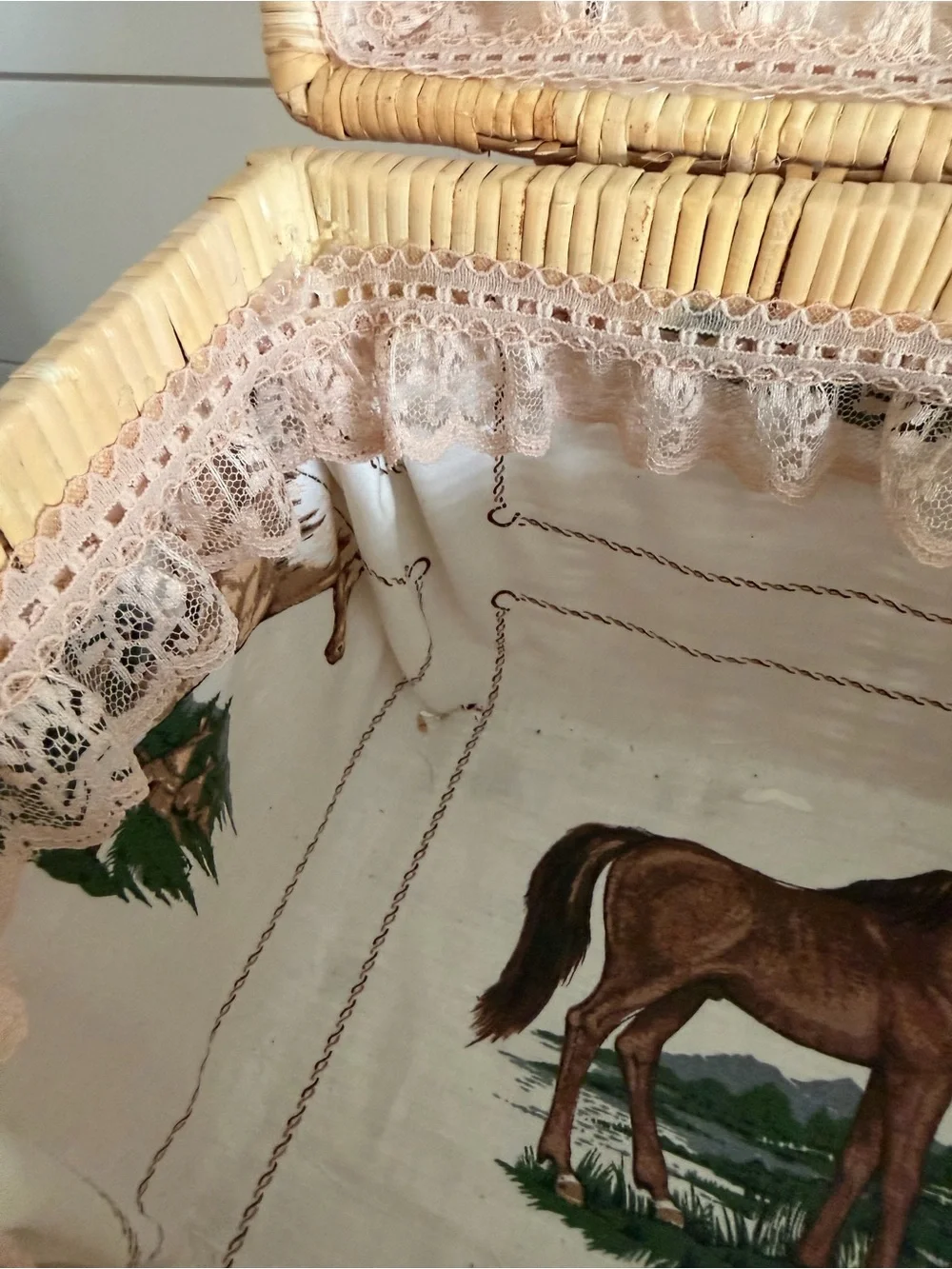 Vintage Rattan Style Basket Horse Motif Interior